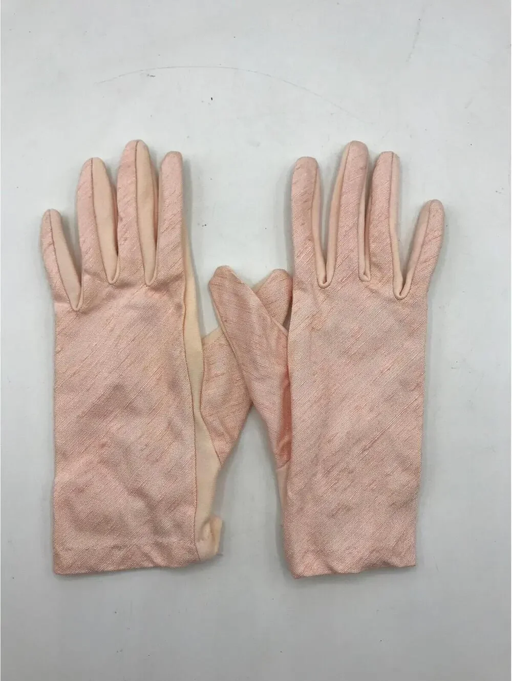 Vintage Pink Shortie Gloves: Faux Raw Silk, Rayon Wrist Length, Size 7